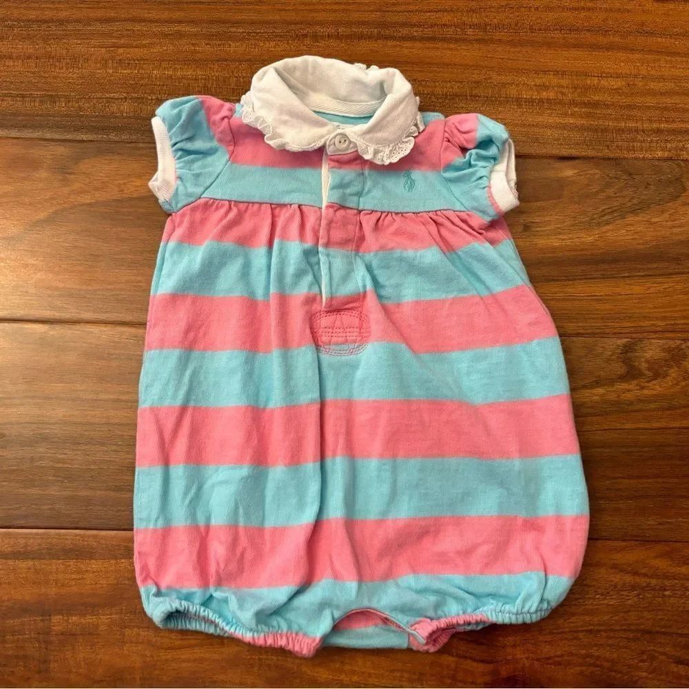 Ralph Lauren pink/blue stripe short sleeve polo romper